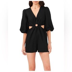 1. STATE Linen Blend Side Cutouts V-Neck Puffy Sleeves Black M Short Romper New